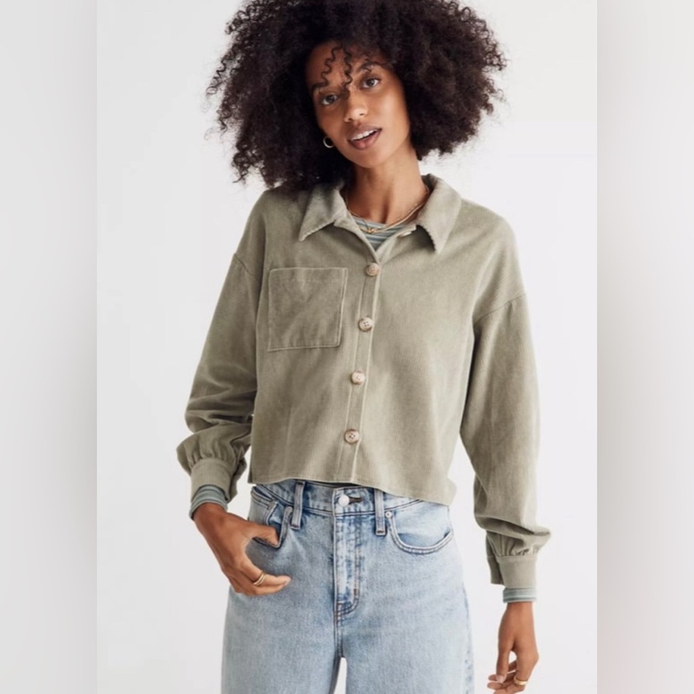 💚 Madewell Light Green Shirt Jacket Corduroy Crop Shacket Women’s Size Large